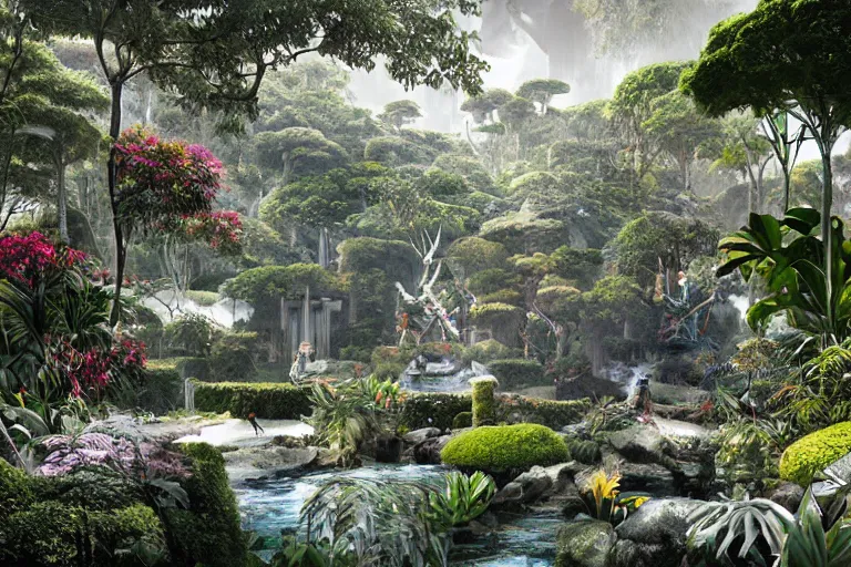 Prompt: brutalist futuristic white Aztec structures, manicured garden of eden, vivid pools and streams, tropical foliage, bromeliads, azaleas, birds, sculpture gardens, Winter, by Jessica Rossier and Brian Froud