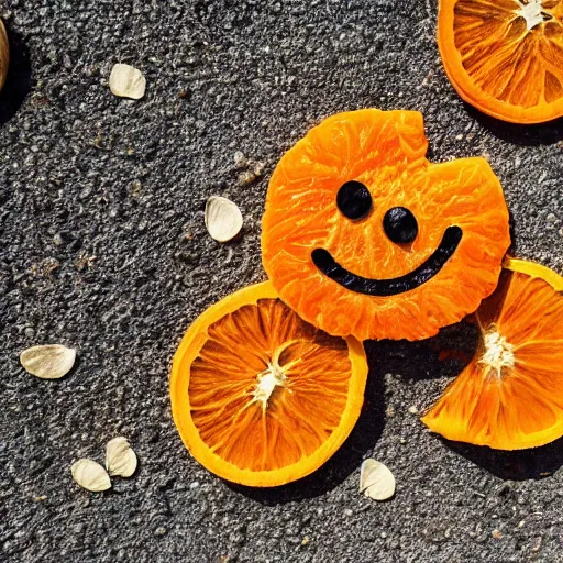 Image similar to Sunflower seeds and pieces of a peeled orange on a NYC sidewalk on a hot sunny day in the shape of a smiley face