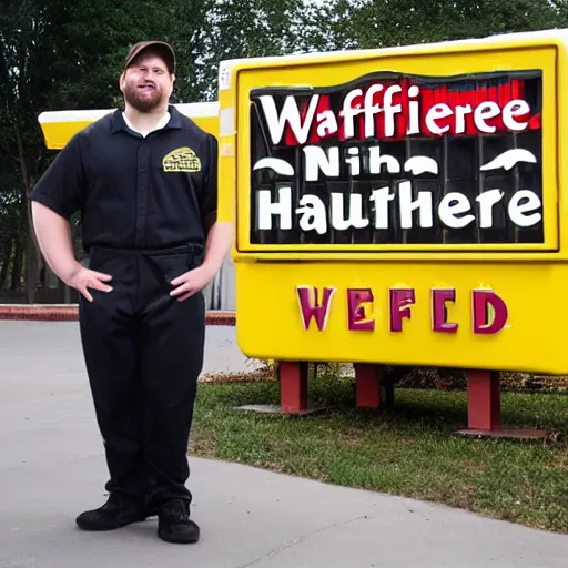 Image similar to wafflehouse employee's standing below wafflehouse sign