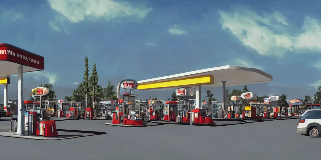 Image similar to a gas station and a parking lot in california, david febland, artstation, matte painting