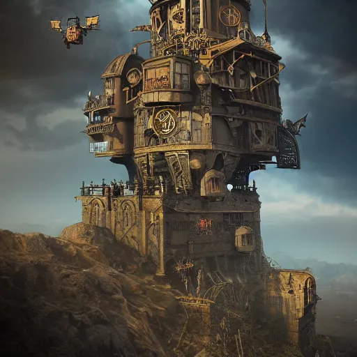 Image similar to a flying steampunk fortress, intricate, behrens style, octane render, fantasy digital art, beautiful composition, trending on artstation
