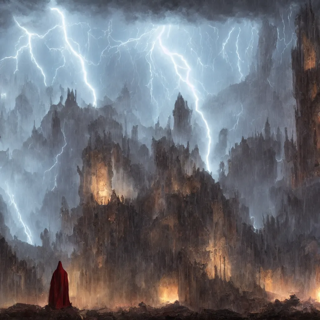 Image similar to a still of a cloaked figure standing in the ruins of crux prime, monastery, there is lightning, blue fiery maelstrom in the distance, it is raining, digital art, artstationhq