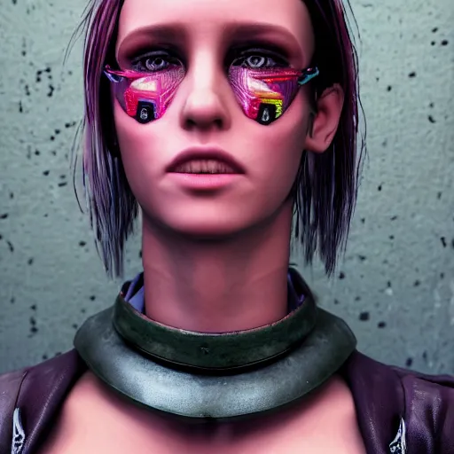 Image similar to detailed realistic female character cyberpunk wearing thick steel collar around neck, realistic, art, beautiful, 4K, collar, choker, collar around neck, punk, artstation, detailed, female, woman, choker, cyberpunk, neon, punk, collar, choker, collar around neck, thick collar, tight around neck, punk,