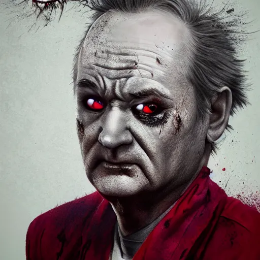 Image similar to bill murray as angry zombie portrait, horror core, apocalyptic, bathrobe, pale skin, wounds, one eye hanging out, snarling, dramatic, sharp focus, fiction, hyper detailed, digital art, trending in artstation, cinematic lighting, studio quality, smooth render, unreal engine 5 rendered, octane rendered, art style and nixeu and wlop and krenz cushart