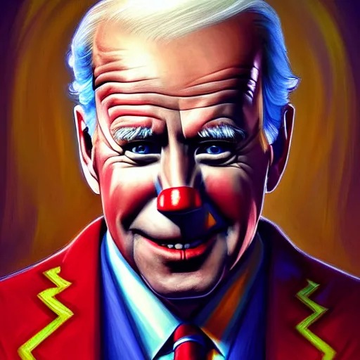 Image similar to symmetry portrait of joe biden as a clown, intricate, elegant, highly detailed, digital painting, artstation, concept art, smooth, sharp focus, illustration, art by artgerm and greg rutkowski and alphonse mucha