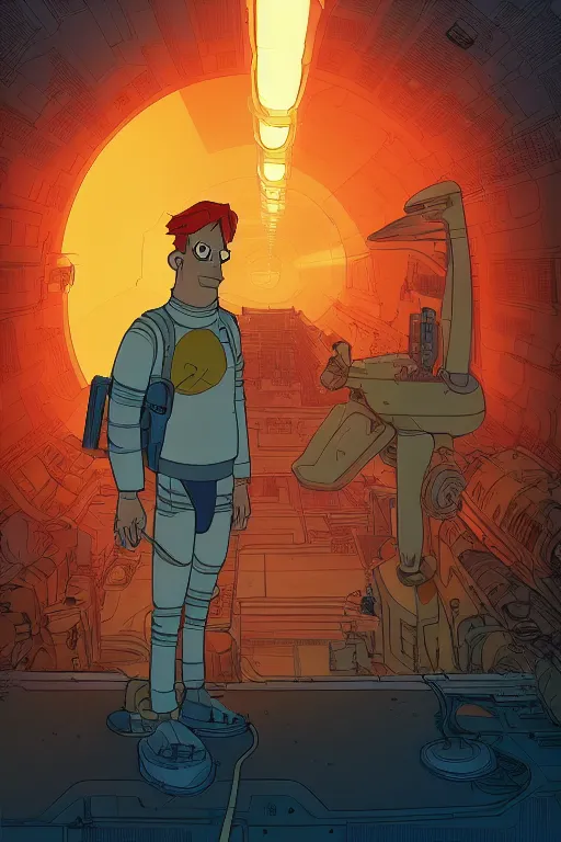 Image similar to fry from futurama by feng zhu and loish and laurie greasley, victo ngai, andreas rocha, john harris radiating a glowing aura global illumination ray tracing hdr