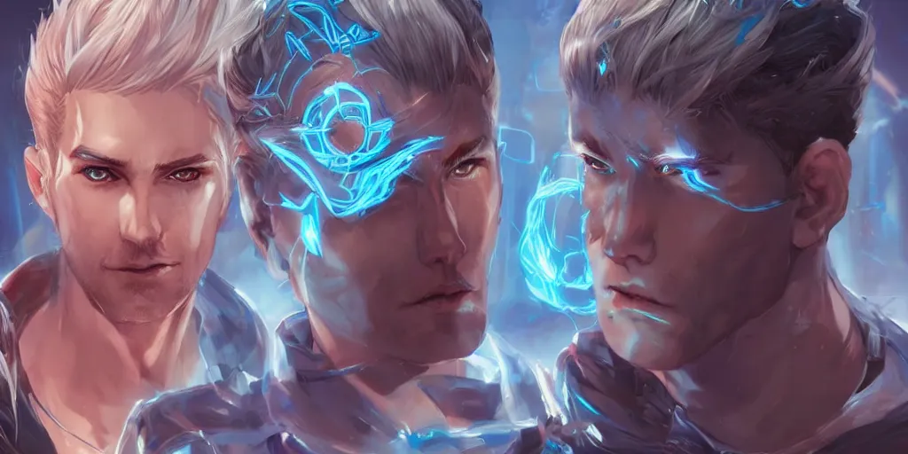 Prompt: concept art of young male netrunner d & d video game characters head designs, unique hair designs, by marc brunet and artgerm