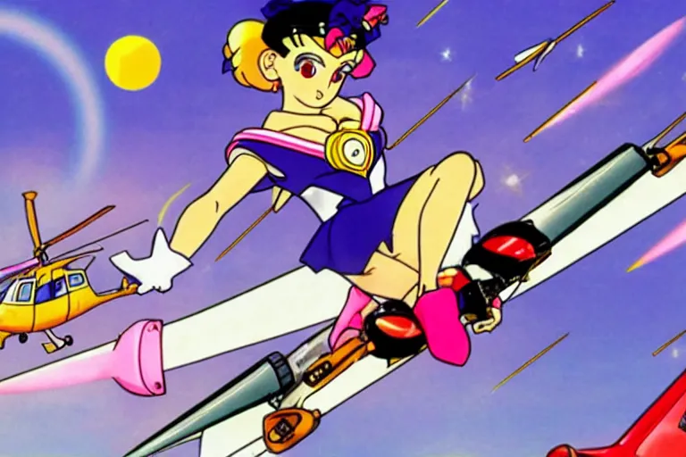 Prompt: police chase helicopter sailor moon stealing a catalytic converter