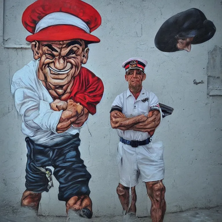 Image similar to Street-art portrait of Popeye the Sailor in style Elzie Crisler Segar, photorealism