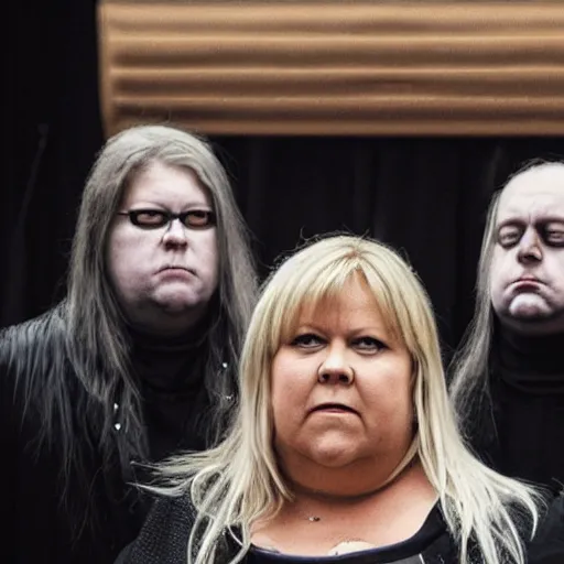 Image similar to Erna solberg in a black metal band