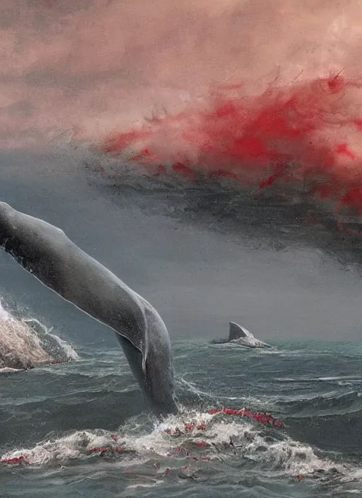 Prompt: a whale bleeding on the ocean near to a ship, 3 d render, hiper detailed, dark art, horror art, digital art, realistic painting, high angle, volumetric light, part by beksinski, part by carl gustav carus with red blood brushstrokes by swanland raymond.