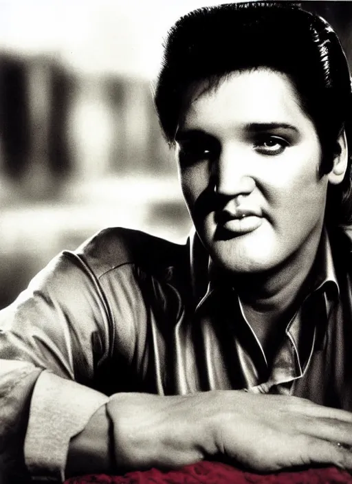 Image similar to photo closeup portrait of superstar elvis presley by anne leibovitz