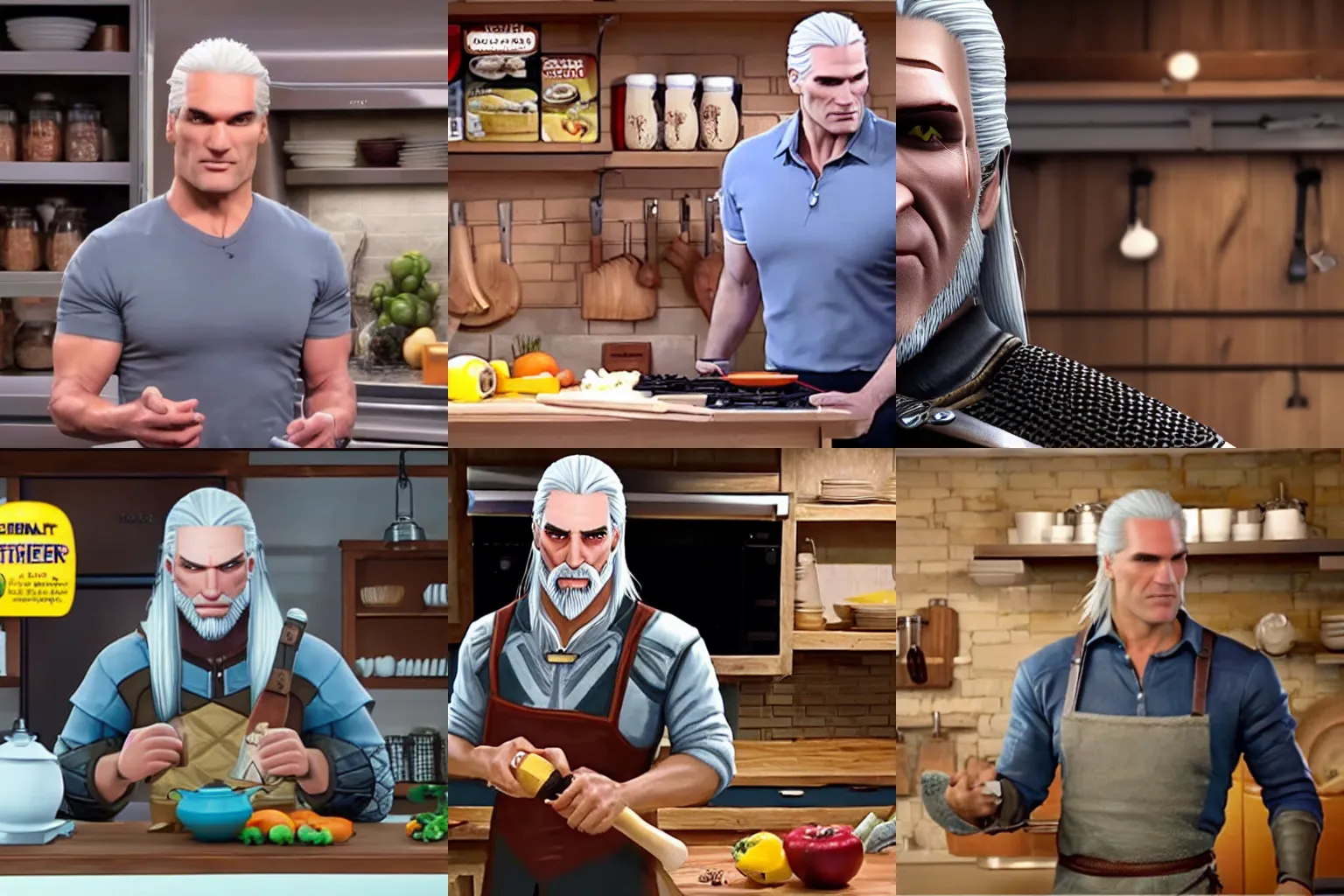 Prompt: Infomercial Still of Geralt of Rivia's new must-have kitchen product seen on late night TV, highly detailed, clear faces