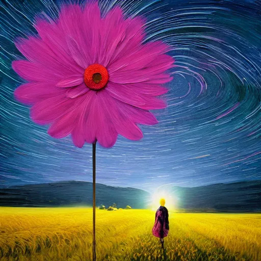 Image similar to giant daisy flower as a head, girl walking in wheat field, hills, surreal photography, moon light, dark night, star trails, dramatic light, impressionist painting, clouds, digital painting, artstation, simon stalenhag