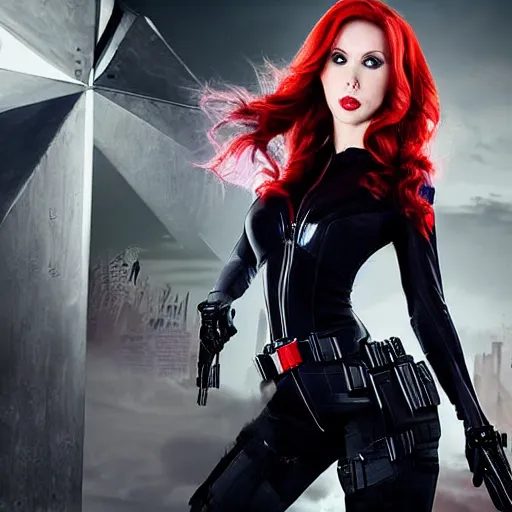 Image similar to A still photograph of Amouranth as Black Widow,