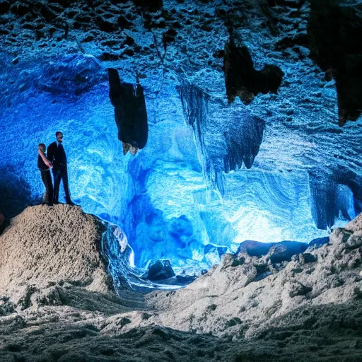 Image similar to rich businessmen inside the cave, blue crystals