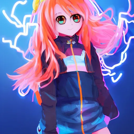 Image similar to Splash art Anime loli, blond hair with pigtails, blue coat and black shorts, she flies by using blue neon powers through the city. Cinematic sunset, faint orange light. Amazing piece Trending on Artstation