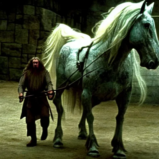 Image similar to gandalf riding in a cart being pulled by a horse, style of h. r. giger, cinematic, movie still, cgi, directed by ridley scott