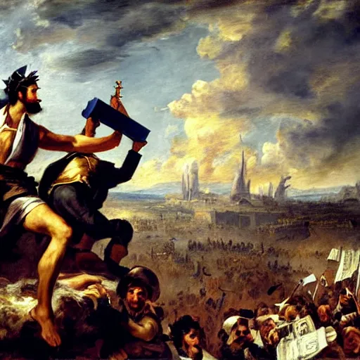 Image similar to a painting of a facebook engineer programming a continuous integration system in the style of delacroix\'s liberty leading the people