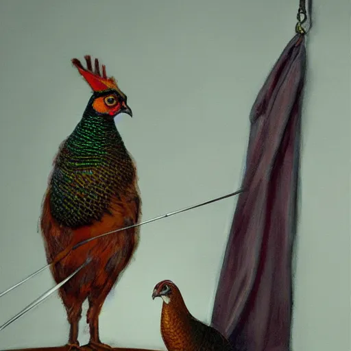 Prompt: a pheasant is girded with a belt, sword hangs on the belt, by lily seika jones , rivuletpaper art, top cinematic lighting, cinematic mood, very detailed, shot in canon, by Viktor Vasnetsov, oil painting, harsh fairy tale, soft style, hyperrealism, beautiful, high resolution, trending on artstation, steps 50,