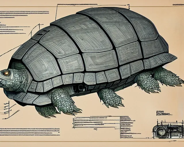 Image similar to a full page of a mechanical blueprint showing a cutaway design for a mechanized tortoise from howl's moving castle ( 2 0 0 4 ), with a big head, muted colors, post grunge, studio ghibli, hq,