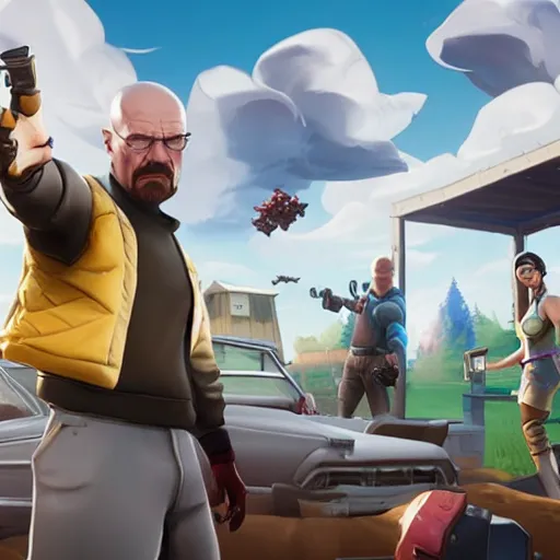 Image similar to walter white in fortnite gameplay by greg rutkowski