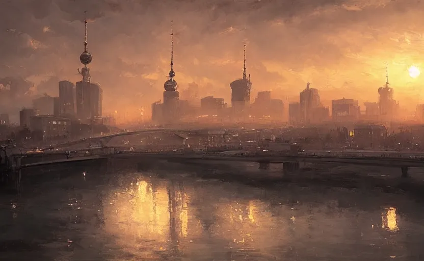 Image similar to painting of skyline of berlin at sunset, natural light, concept art, by greg rutkowski, cozy atmospheric and cinematic lighting