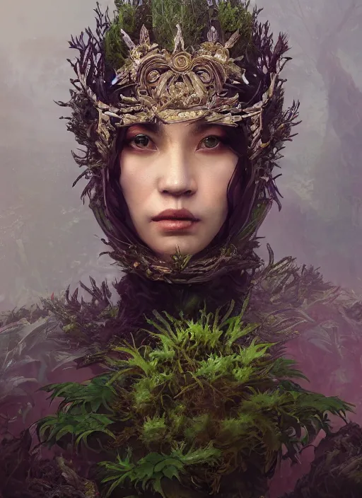 Image similar to A fancy portrait of a beautiful queen covered plants by Greg Rutkowski, Sung Choi, Mitchell Mohrhauser, Maciej Kuciara, Johnson Ting, Maxim Verehin, Peter Konig, Bloodborne, 8k photorealistic, cinematic lighting, HD, high details, dramatic, atmospheric , trending on artstation