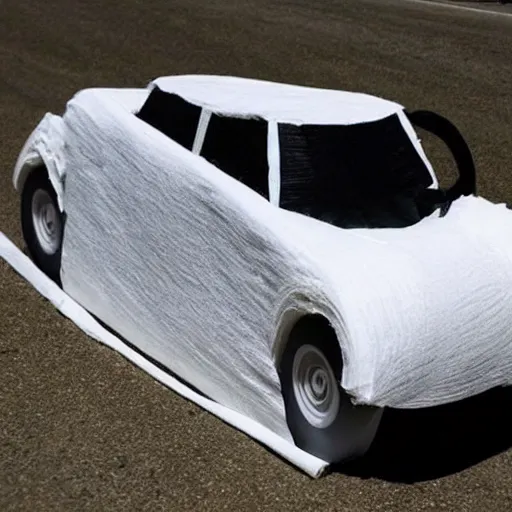 Prompt: car made of toilet paper is winning the race