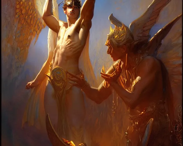 Image similar to attractive male deity, casting demonic magic, summoning handsome lucifer morning star. highly detailed painting by gaston bussiere, craig mullins, j. c. leyendecker 8 k