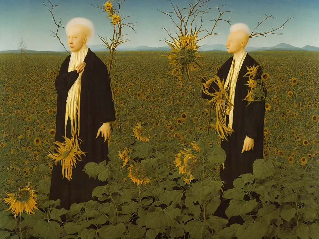 Prompt: Portrait of albino mystic, with wild exotic thorns, with burning sunflower field in the distance. Night. Painting by Jan van Eyck, Audubon, Rene Magritte, Agnes Pelton, Max Ernst, Walton Ford