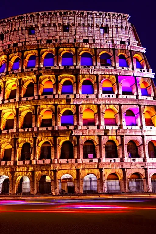 Image similar to neon streets of rome colosseum, 4 k, award winning photo