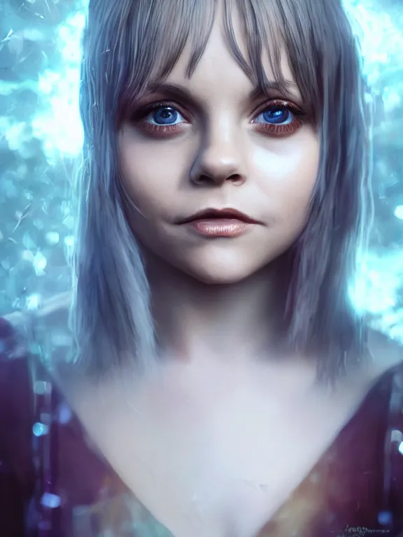 Prompt: portrait art of Christina Ricci, elf ears, 8k ultra realistic , lens flare, atmosphere, glow, detailed,intricate, full of colour, cinematic lighting, trending on artstation, 4k, hyperrealistic, focused, extreme details,unreal engine 5, cinematic, masterpiece