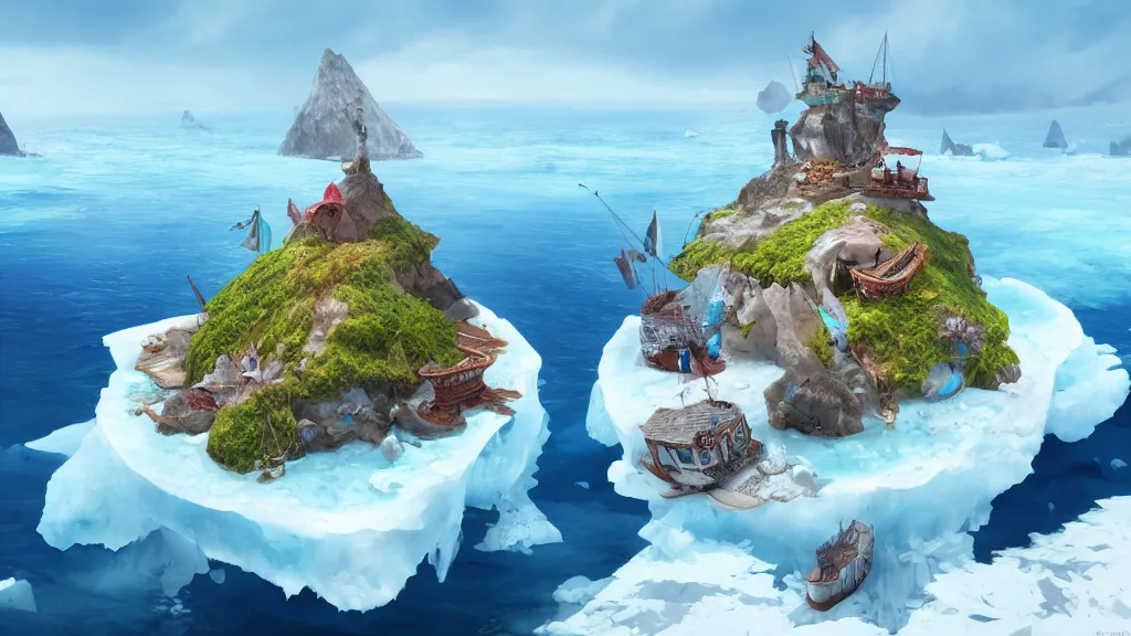 Image similar to fish island, surrounded by an ocean made of ice cream, digital art, realistic, highly detailed, matte painting, concept art, 8 k, 4 k, trending artstation