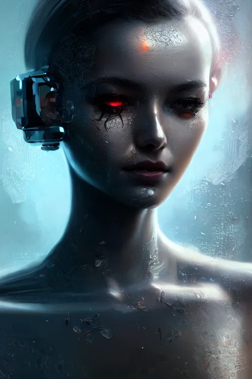 Prompt: beautiful female android in distress!, black shiny eyes, half portrait, background explosion, intricate detailed environment, floro details, intricate, elegant, highly detailed, digital painting, artstation, concept art, smooth, sharp focus, illustration, art by brian sum, greg rutkowski