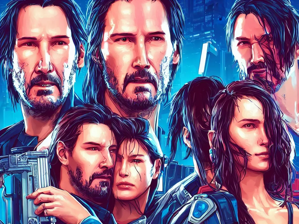 Image similar to a cyberpunk 2077 couple portrait of Keanu Reeves as Johnny Silver hand and female V in daily life ,love story, pray, hug, hold, kiss, film lighting, by Laurie Greasley, William Morris, Dan Mumford, John Wick, Speed, Replicas, Destination Wedding, The Lake House, artstation, full of color, Digital painting, face enhance, highly detailed,8K, octane, golden ratio, cinematic lighting