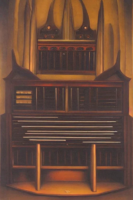 Image similar to pipe organ console with dark smoke, detailed oil painting by grant wood, diesel gothic