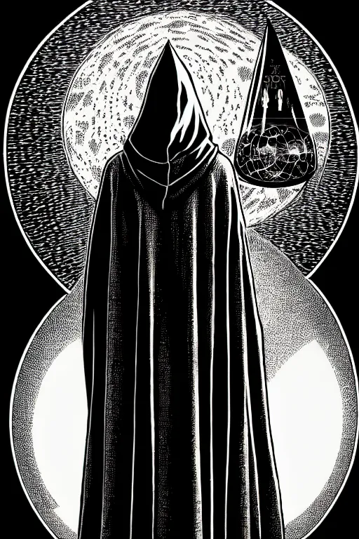 Image similar to wizard in a hooded cloak gazing into a crystal ball, high details, intricately detailed, by vincent di fate, inking, 3 color screen print, masterpiece, trending on artstation, side profile, sharp, details, hyper - detailed, hd, 4 k, 8 k