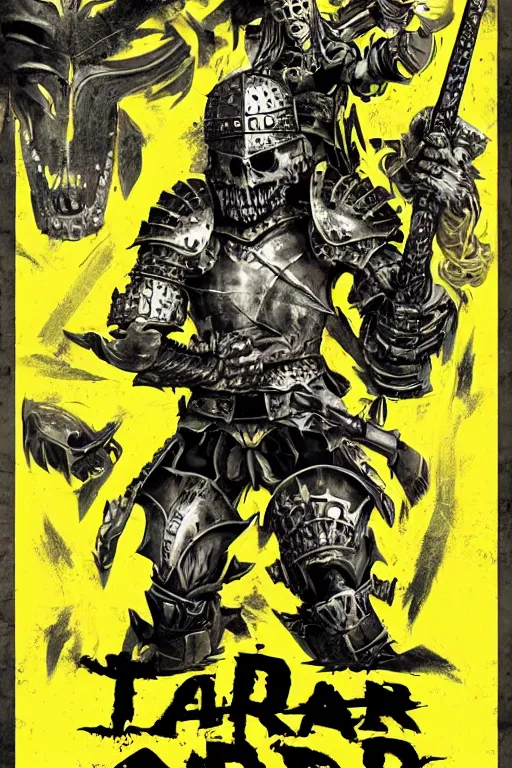 Image similar to an armored barbarian, loaded with weapons and animal skulls, horror sci - fi black and yellow poster