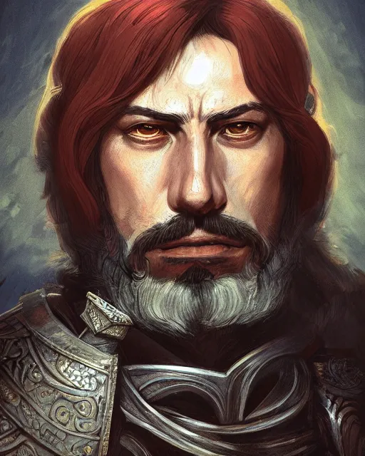 Prompt: digital painting of hernan cortes by filipe pagliuso and justin gerard, symmetric, fantasy, detailed, intricate, portrait, digital painting, sharp focus, tarot card, studio ghibli color scheme, handsome, concept art, alluring, game art, cel shading