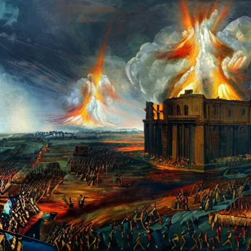 Image similar to nuclear war, fall of rome, epic painting