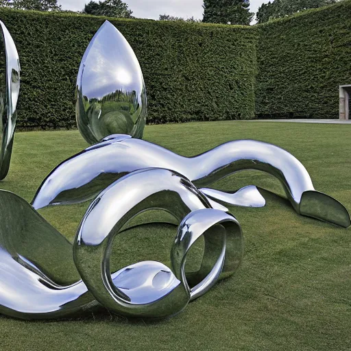 Image similar to giant Italian modern castle formal garden with a modern stainless steel organic shaped modern sculptures with mirror finish by Tony Cragg, photo by Annie Leibovitz