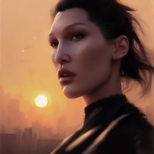 Image similar to a closeup portrait of bella hadid, dramatic light, city background, sunset, high contrast, sharp, painted by stanley lau, painted by greg rutkowski, painted by stanley artgerm, digital art, trending on artstation