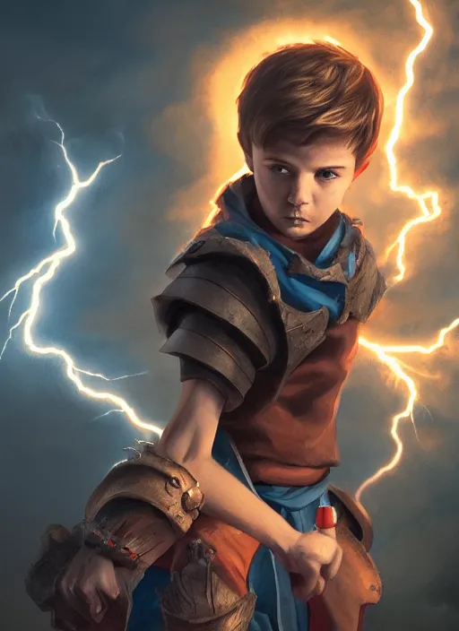 Image similar to An epic fantasy comic book style portrait painting of a young boy surrounded by lightning and power, unreal 5, DAZ, hyperrealistic, octane render, cosplay, RPG portrait, dynamic lighting