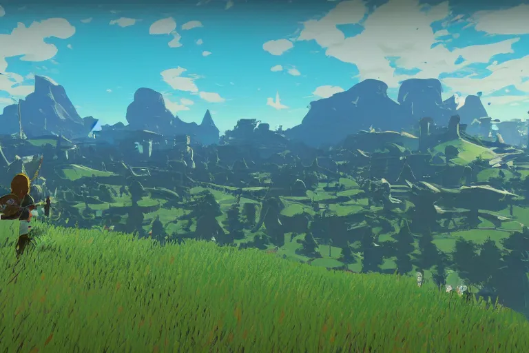 Image similar to an in game heavily modded landscape from the legend of zelda breath of the wild, breath of the wild art style.