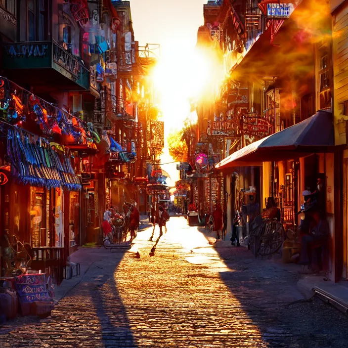 Image similar to a sunset light historical wild west village, duel between two cowboys, lots of sparkling details and sun ray's, blinding backlight, smoke, volumetric lighting, colorful, octane, 3 5 mm, saloon exterior, old town street, beautiful epic colored reflections, very colorful heavenly, softlight