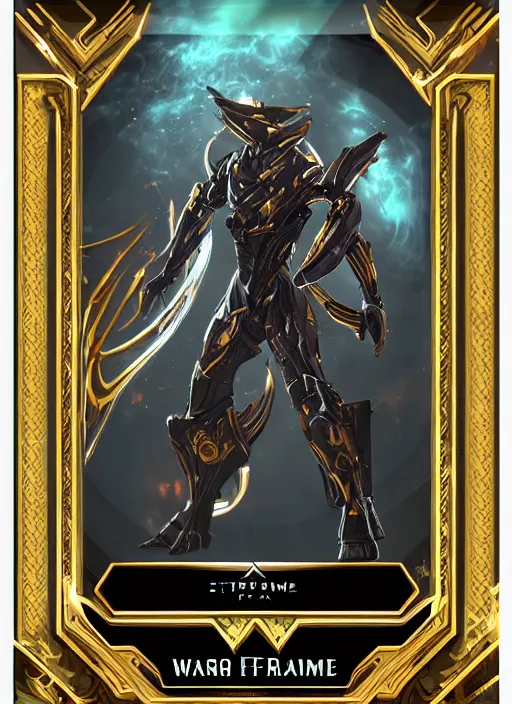 Image similar to warframe with trading card design and ornate border frame, art station, full card design