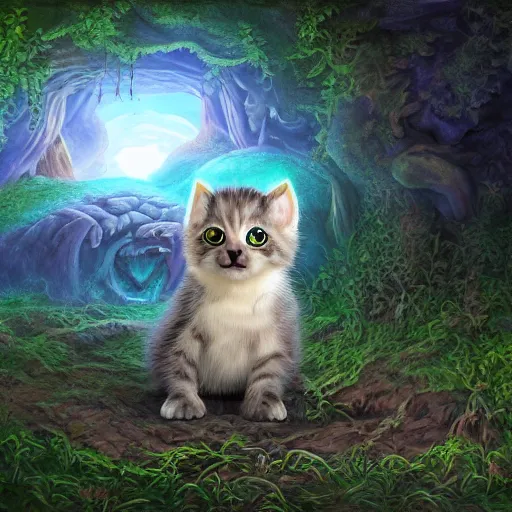 Image similar to rescue from the underworld, shadows of the past, chubby moss kitten, by jeff easley and Dylan Kowalski, highly detailed, digital painting, HDRI, by vivid colors, high contrast, 8k resolution, intricate, photorealistic, smooth