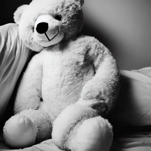 Image similar to a photograph of a white teddy bear laying on a bed crying, tears going down its face, focus shot, flashlight, 35mm film, low contrast, hd