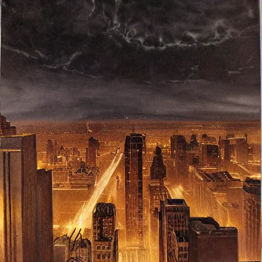 Image similar to photorealistc painting of a nightmarish boston downtown skyline in 1 9 2 5 at night with a horrifying sky, aerial view, dark, brooding, night, atmospheric, horror, cosmic, ultra - realistic, smooth, highly detailed by dave dorman